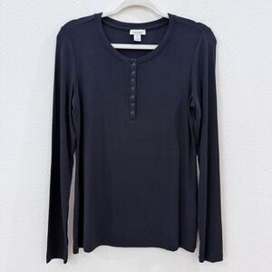 Sundance Women's Size Medium Black Ribbed Snap Henley Long Sleeve Shirt Top